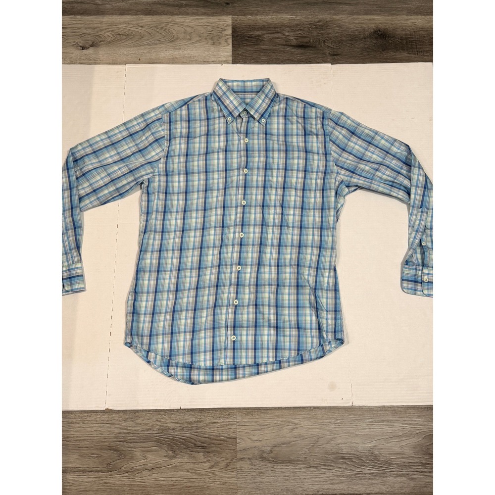 Peter Millar Mens Blue Green Plaid Button Down Shirt Size Medium Long Sleeve